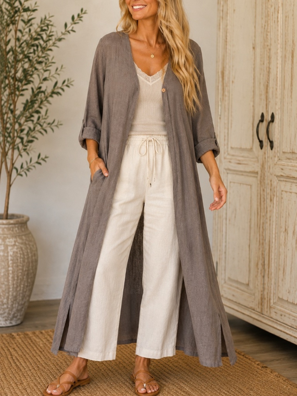 Dolma 100% Linen Taupe Maxi Duster Dress Jacket Boho Lagenlook